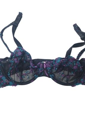 Victoria's Secret Black Sheer Lace Bra with Purple & Teal Embroidery